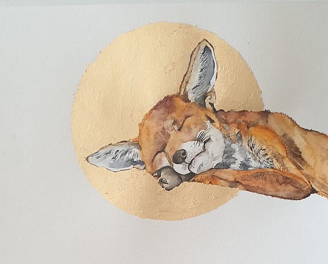 Watercolour of a sleeping fox and gold leaf moon