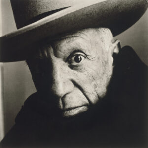 A black and white photograph of Pablo Picasso by Irving Penn