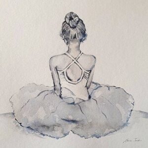 A young ballerina seated with her back to the viewer in monochromatic watercolour
