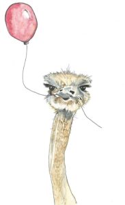 Ostrich with a red balloon