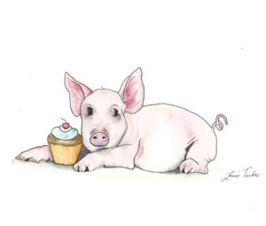 Illustration of a piggy with a cupcake