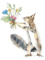 A watercolour illustration of squirrel with a bunch of flowers