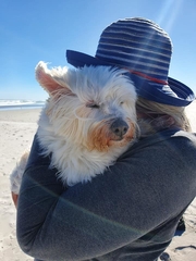 Woman in hat holding white dog on beach