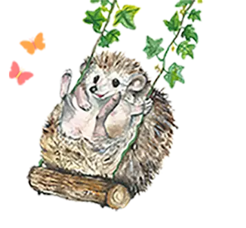 Hedgehog on a swing and butterflies